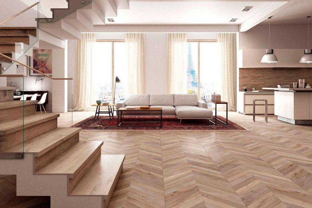 Suelo imitación madera tipo chevrons.